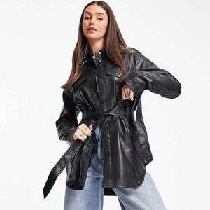 NWOT Topshop Tall long sleeve belted faux leather shirt in black sz 6